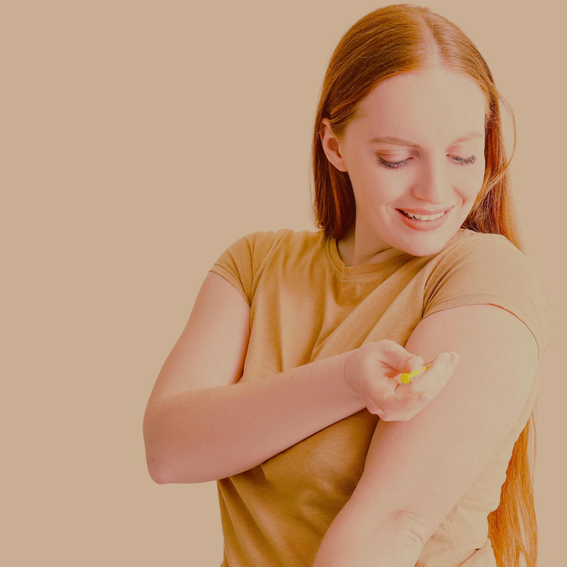 Woman giving herself an injection shot of her medicine.